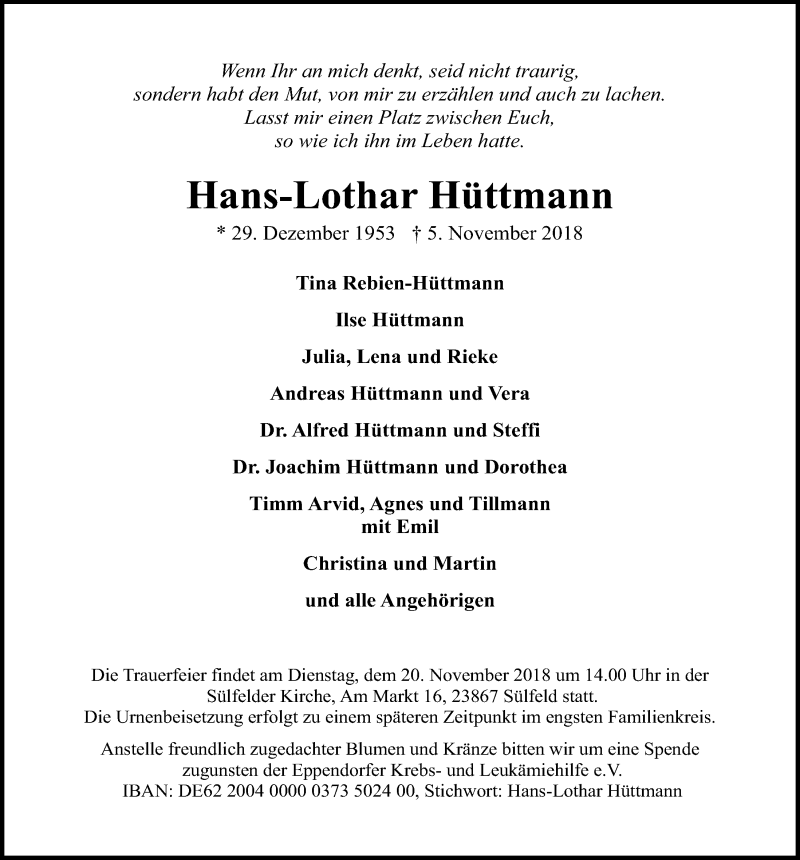  Traueranzeige für Hans-Lothar Hüttmann vom 14.11.2018 aus Kieler Nachrichten