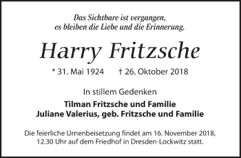 Traueranzeige von Harry Fritzsche von Dresdner Neue Nachrichten