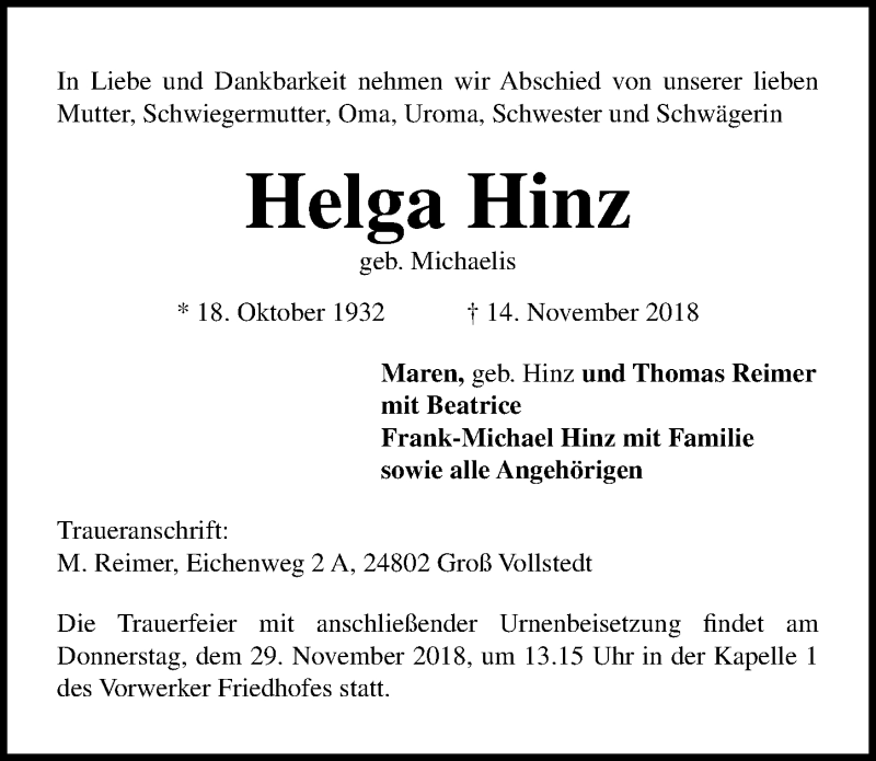  Traueranzeige für Helga Hinz vom 25.11.2018 aus Lübecker Nachrichten