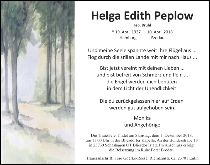  Traueranzeige für Helga Edith Peplow vom 25.11.2018 aus Lübecker Nachrichten