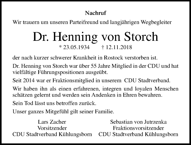  Traueranzeige für Henning von Storch vom 24.11.2018 aus Ostsee-Zeitung GmbH