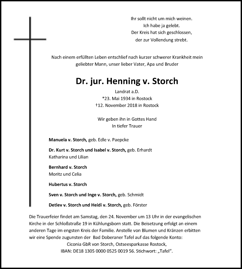  Traueranzeige für Henning von Storch vom 18.11.2018 aus Ostsee-Zeitung GmbH