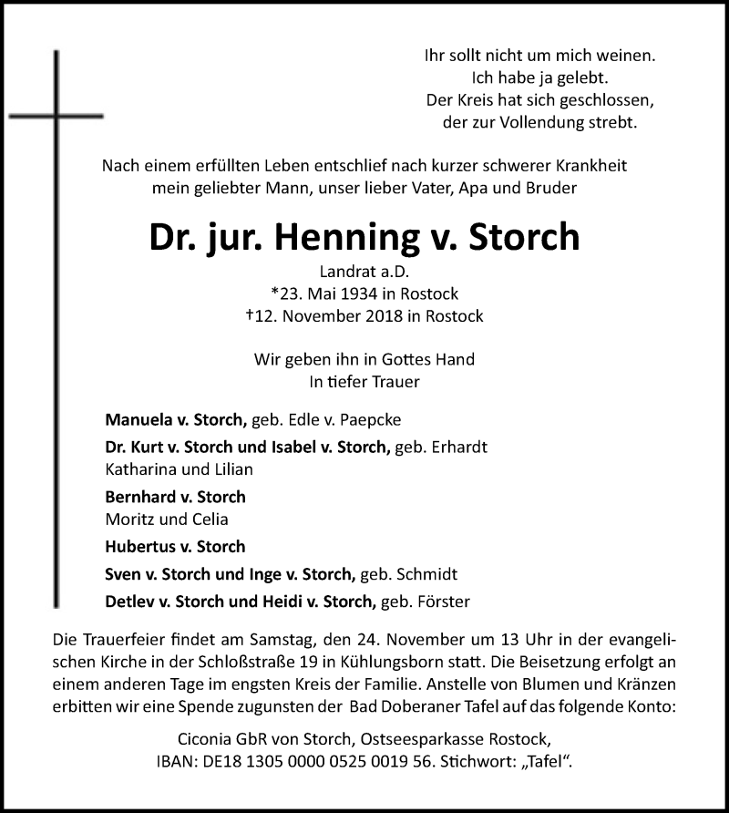  Traueranzeige für Henning von Storch vom 17.11.2018 aus Ostsee-Zeitung GmbH