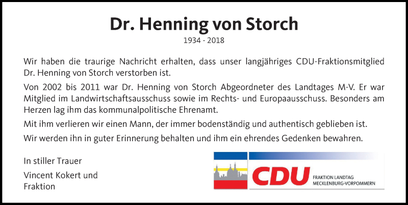  Traueranzeige für Henning von Storch vom 17.11.2018 aus Ostsee-Zeitung GmbH