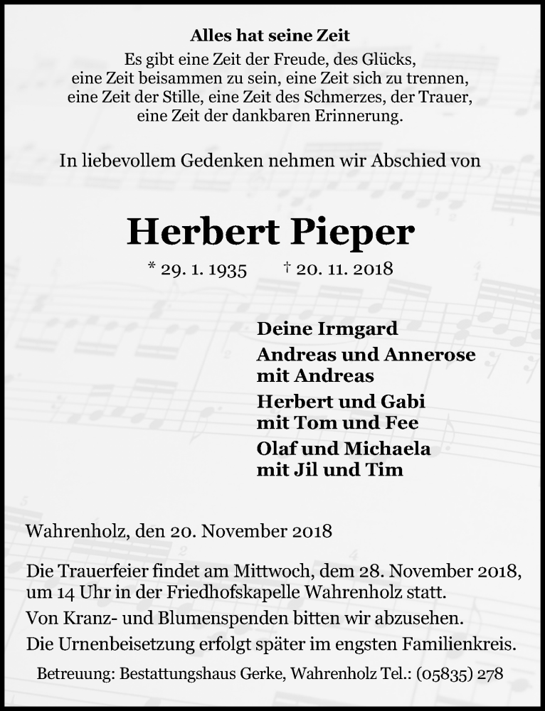  Traueranzeige für Herbert Pieper vom 24.11.2018 aus Aller Zeitung