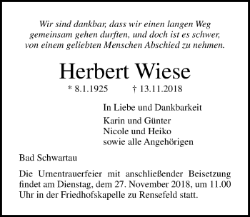 Traueranzeige von Herbert Wiese von Ostsee-Zeitung GmbH