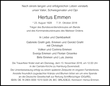 Traueranzeige von Hertus Emmen von Kieler Nachrichten