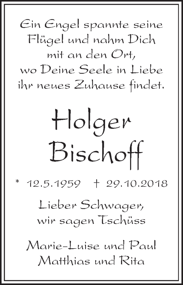  Traueranzeige für Holger Bischoff vom 03.11.2018 aus Kieler Nachrichten