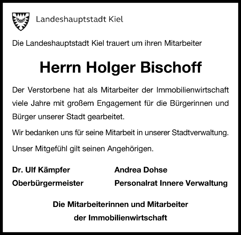  Traueranzeige für Holger Bischoff vom 10.11.2018 aus Kieler Nachrichten