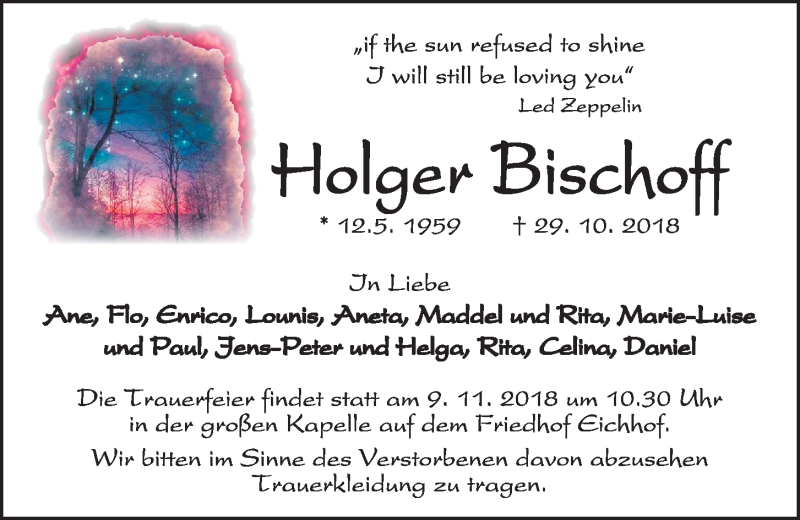  Traueranzeige für Holger Bischoff vom 03.11.2018 aus Kieler Nachrichten