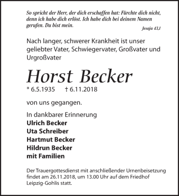 Traueranzeige von Horst Becker von Leipziger Volkszeitung