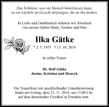 Traueranzeige von Ilka Gätke von Märkischen Allgemeine Zeitung