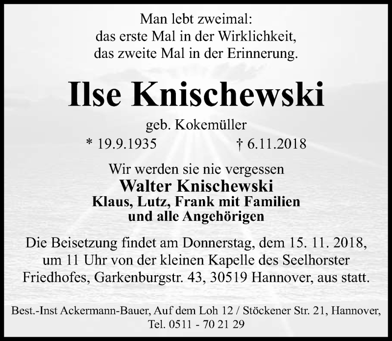  Traueranzeige für Ilse Knischewski vom 10.11.2018 aus Hannoversche Allgemeine Zeitung/Neue Presse