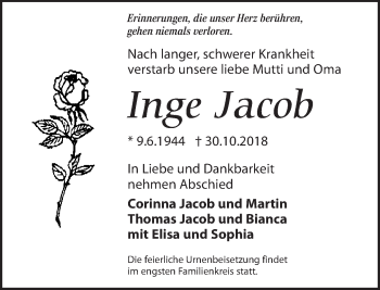 Traueranzeige von Inge Jacob von Dresdner Neue Nachrichten