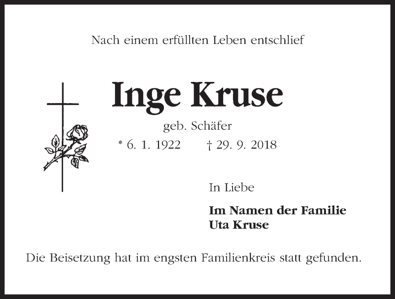  Traueranzeige für Inge Kruse vom 17.11.2018 aus Kieler Nachrichten