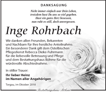 Traueranzeige von Inge Rohrbach von Torgauer Zeitung