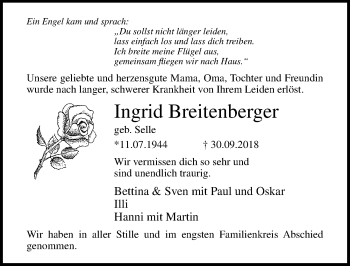 Traueranzeige von Ingrid Breitenberger von Lübecker Nachrichten