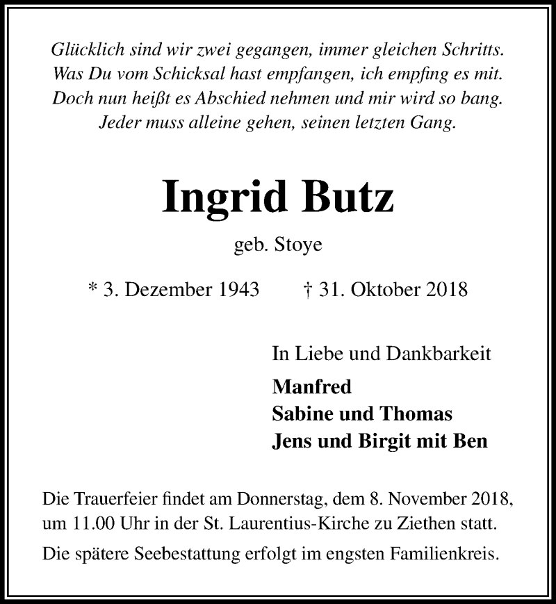  Traueranzeige für Ingrid Butz vom 04.11.2018 aus Lübecker Nachrichten