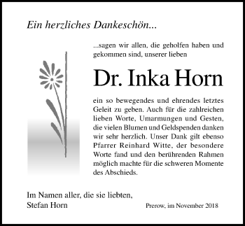 Traueranzeige von Inka Horn von Ostsee-Zeitung GmbH