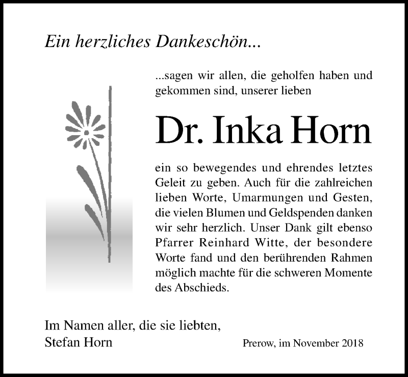  Traueranzeige für Inka Horn vom 17.11.2018 aus Ostsee-Zeitung GmbH