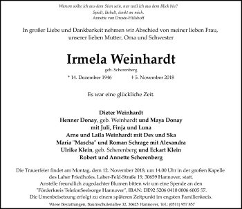 Traueranzeige von Irmela Weinhardt von Hannoversche Allgemeine Zeitung/Neue Presse