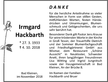 Traueranzeige von Irmgard Hackbarth von Ostsee-Zeitung GmbH