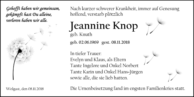  Traueranzeige für Jeannine Knop vom 17.11.2018 aus Ostsee-Zeitung GmbH