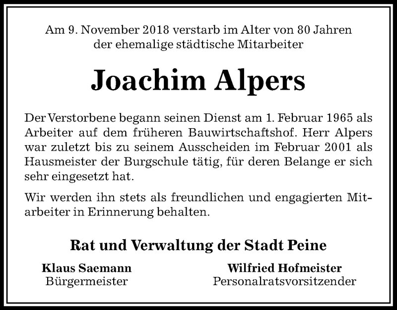  Traueranzeige für Joachim Alpers vom 17.11.2018 aus Peiner Allgemeine Zeitung