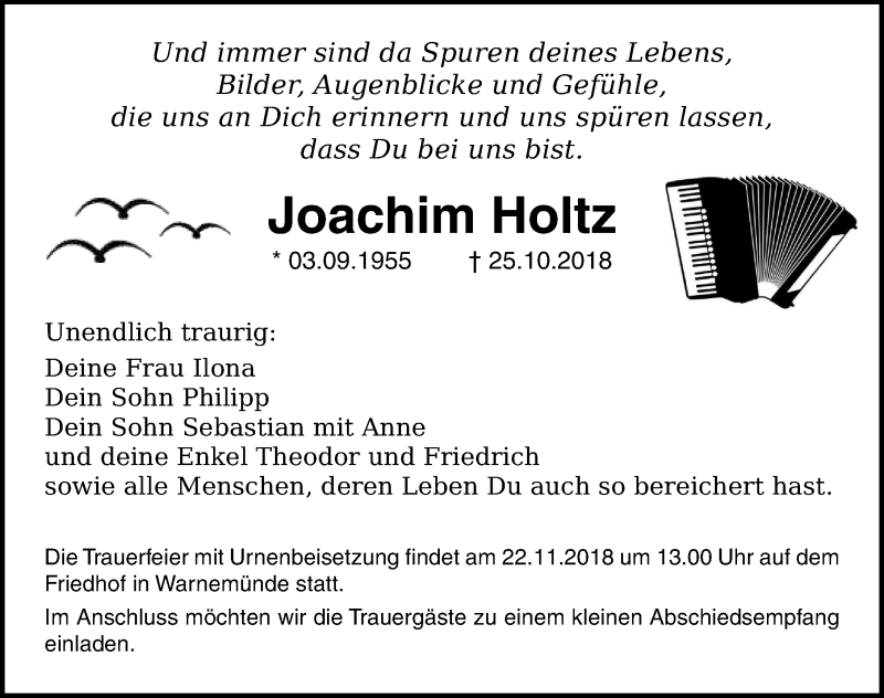  Traueranzeige für Joachim Holtz vom 03.11.2018 aus Ostsee-Zeitung GmbH