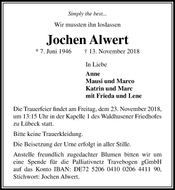 Traueranzeige von Jochen Alwert von Ostsee-Zeitung GmbH