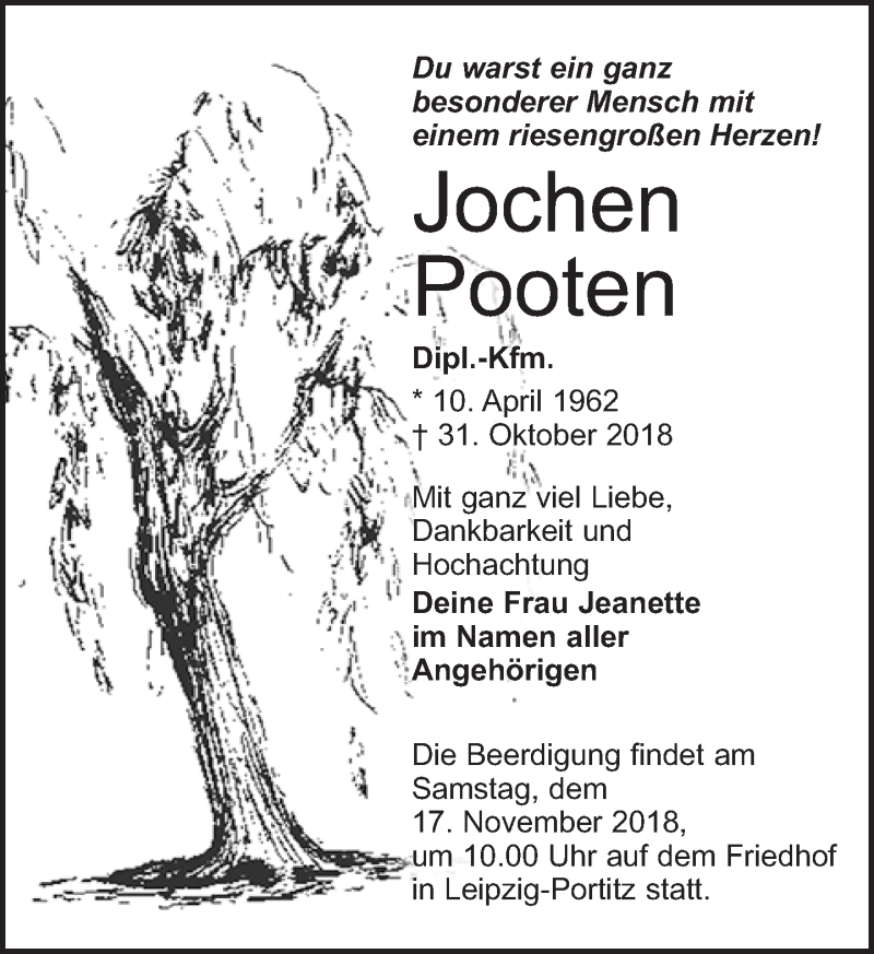  Traueranzeige für Jochen Pooten vom 10.11.2018 aus Leipziger Volkszeitung