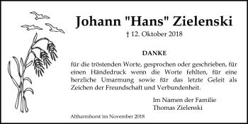 Traueranzeige von Johann Zielenski von Kieler Nachrichten