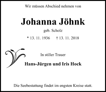 Traueranzeige von Johanna Jöhnk von Kieler Nachrichten
