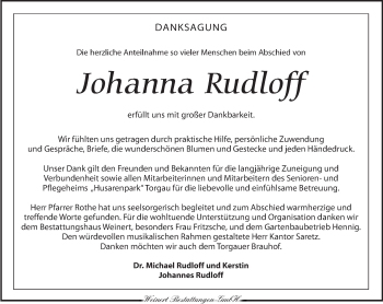 Traueranzeige von Johanna Rudloff von Torgauer Zeitung