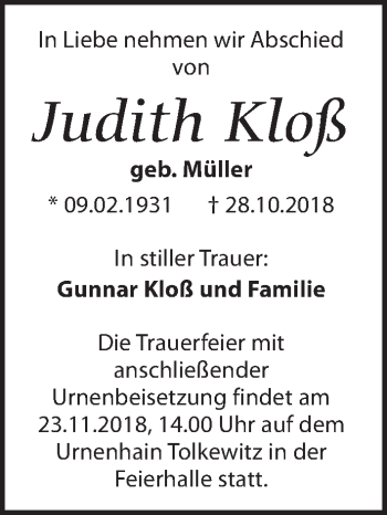 Traueranzeige von Judith Kloß von Dresdner Neue Nachrichten