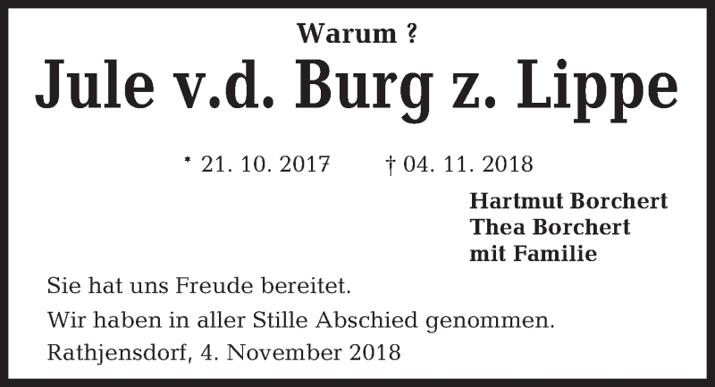  Traueranzeige für Jule v.d. Burg z. Lippe vom 07.11.2018 aus Kieler Nachrichten