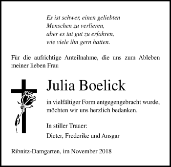 Traueranzeige von Julia Boelick von Ostsee-Zeitung GmbH
