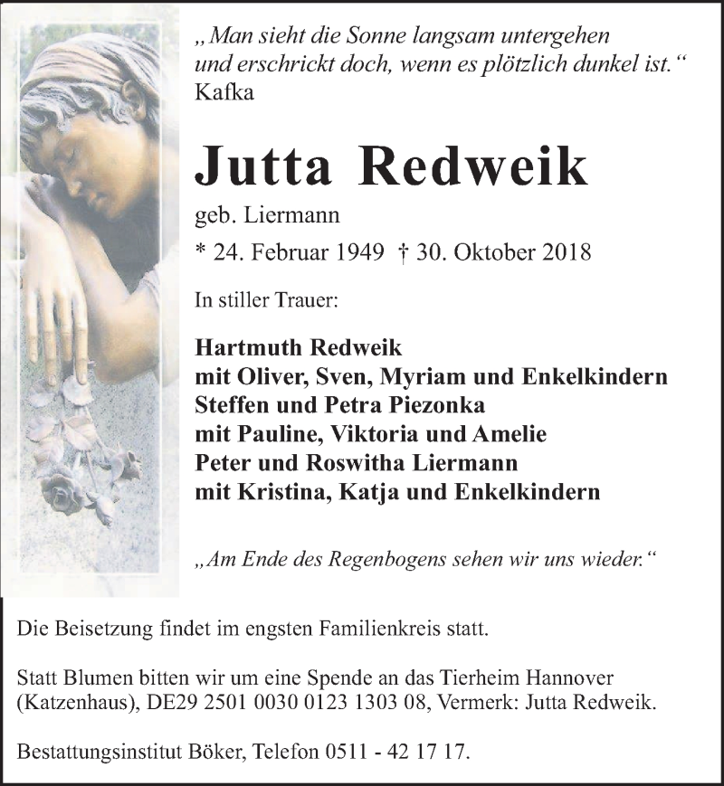  Traueranzeige für Jutta Redweik vom 10.11.2018 aus Hannoversche Allgemeine Zeitung/Neue Presse