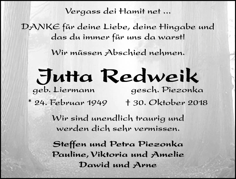  Traueranzeige für Jutta Redweik vom 10.11.2018 aus Hannoversche Allgemeine Zeitung/Neue Presse