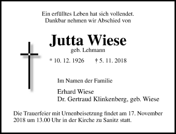 Traueranzeige von Jutta Wiese von Ostsee-Zeitung GmbH