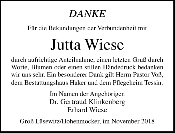 Traueranzeige von Jutta Wiese von Ostsee-Zeitung GmbH