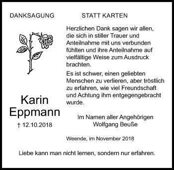 Traueranzeige von Karin Eppmann von Göttinger Tageblatt