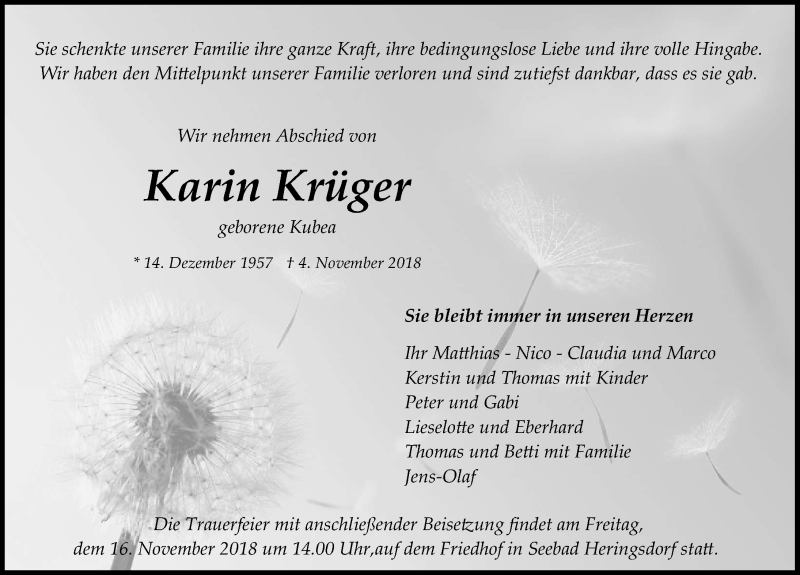  Traueranzeige für Karin Krüger vom 10.11.2018 aus Ostsee-Zeitung GmbH