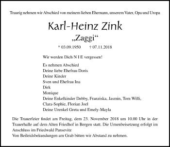 Traueranzeige von Karl-Heinz Zink von Ostsee-Zeitung GmbH