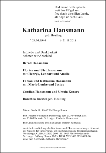 Traueranzeige von Katharina Hansmann von Aller Zeitung