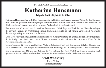 Traueranzeige von Katharina Hansmann von Aller Zeitung