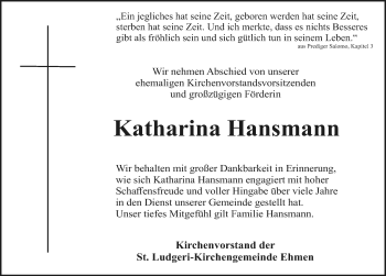 Traueranzeige von Katharina Hansmann von Aller Zeitung