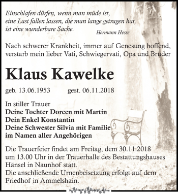 Traueranzeige von Klaus Kawelke von Leipziger Volkszeitung