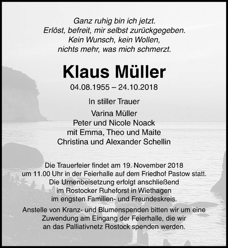  Traueranzeige für Klaus Müller vom 03.11.2018 aus Ostsee-Zeitung GmbH