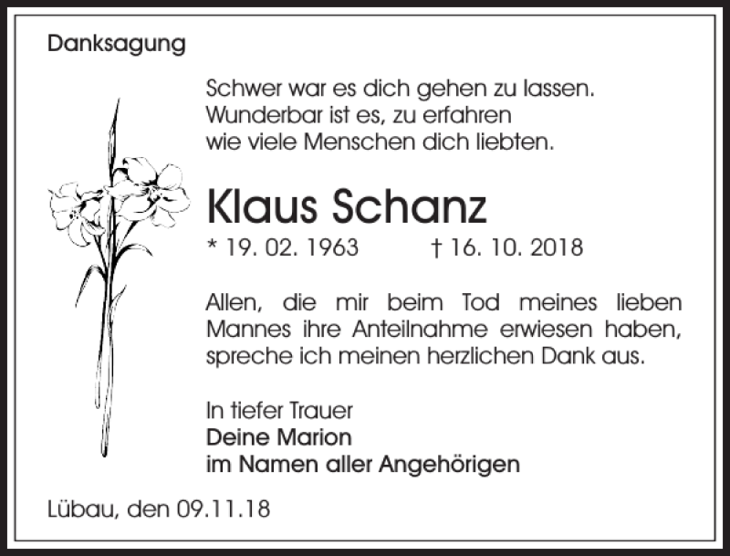  Traueranzeige für Klaus Schanz vom 17.11.2018 aus Sächsische Zeitung